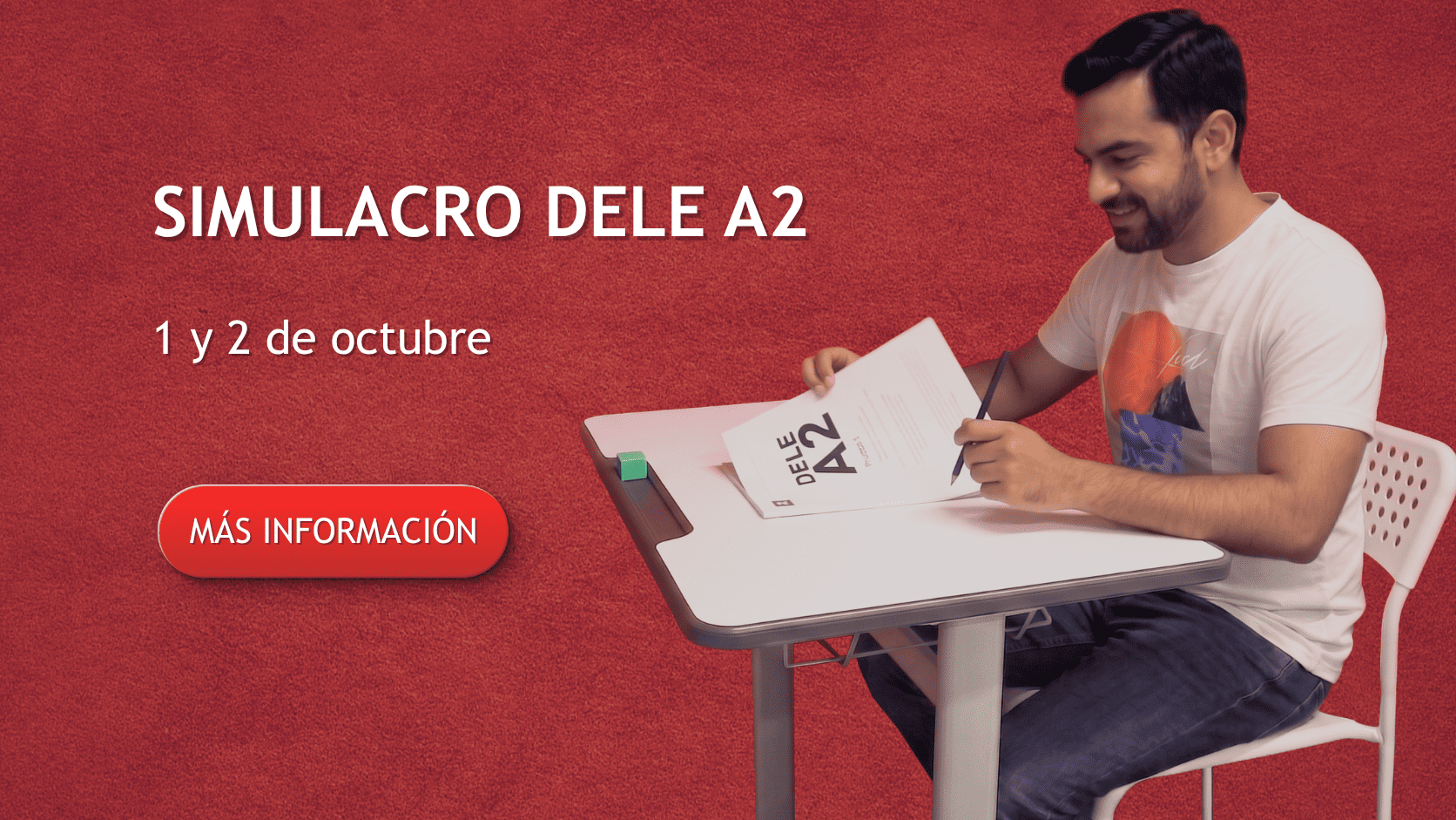 banner anunciando simulacro del examen DELE A2 en ELE USAL Barcelona, centro examinador del Instituto Cervantes